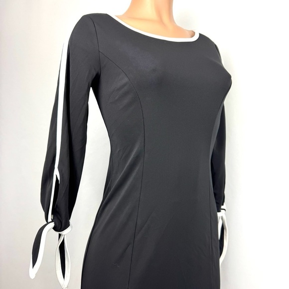 TALBOTS WOMENS XS BLACK WHITE ELBOW-SLEEVE TIE SMOOTH JERSEY DRESS BUSINESS EUC! - Picture 5 of 15